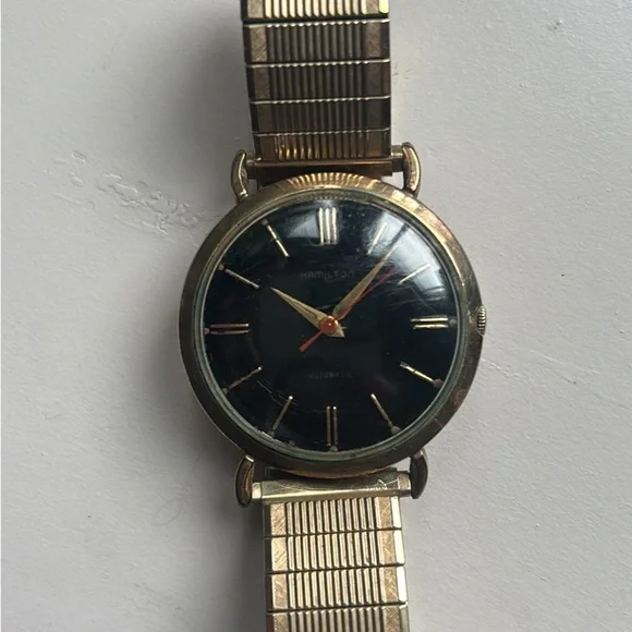 Vintage mens Hamilton Gold-Tone Watch with Black Dial - Picture 2 of 4
